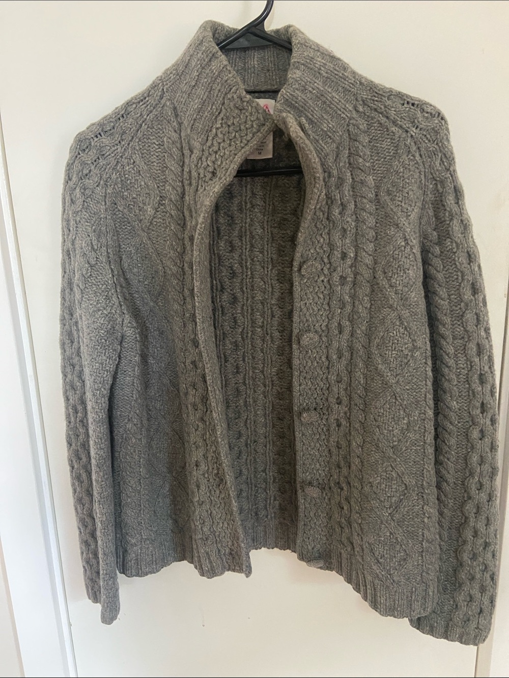 Garnet Hill Gray Wool Cable-Knit Button Cardigan